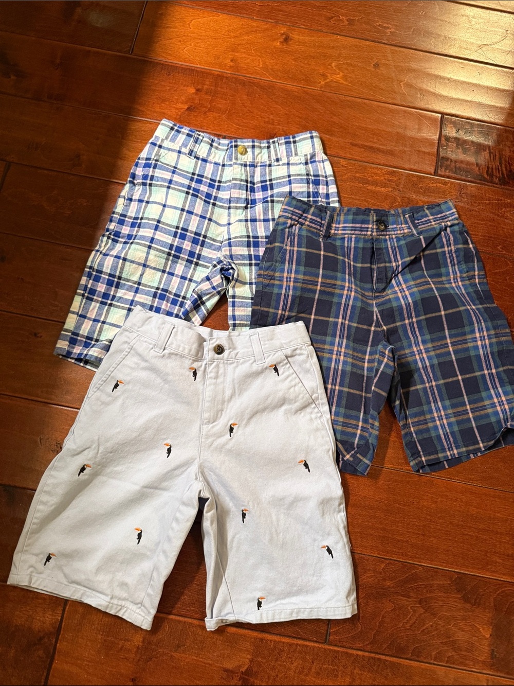 Janie and Jack White Toucan Embroidered Shorts, Blue Plaid Pair, aqua plaid pair